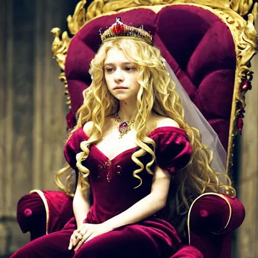 Prompt: A princess with long blonde curly hair looking distraught, sitting on a hold throne that is velvet red cushioned. She is wearing a detailed, beautiful and long expensive looking wedding gown stained with blood. She looks on the verge of tears, and a man at her side is placing a crown on top of her head that is dripping with blood. He is wearing a black cloak that hides his face. The background is the large main throne room of the castle and there is high ceilings and the architecture is very detailed and European. 
