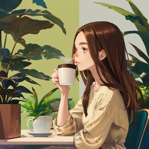 Prompt: profile picture of a girl with brown hair, skinny with freckles drinking coffee surrounded by plants wearing a chic and modern outfit
