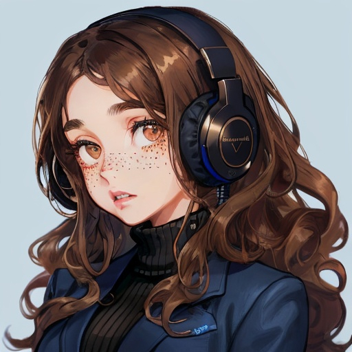 Prompt: A girl with long brown curly hair, faint freckles, brown eyes. She is wearing a chic, modern black blazer and a navy blue turtleneck underneath. She is wearing gaming headphones. Make the background blue, like the background of the app Discord