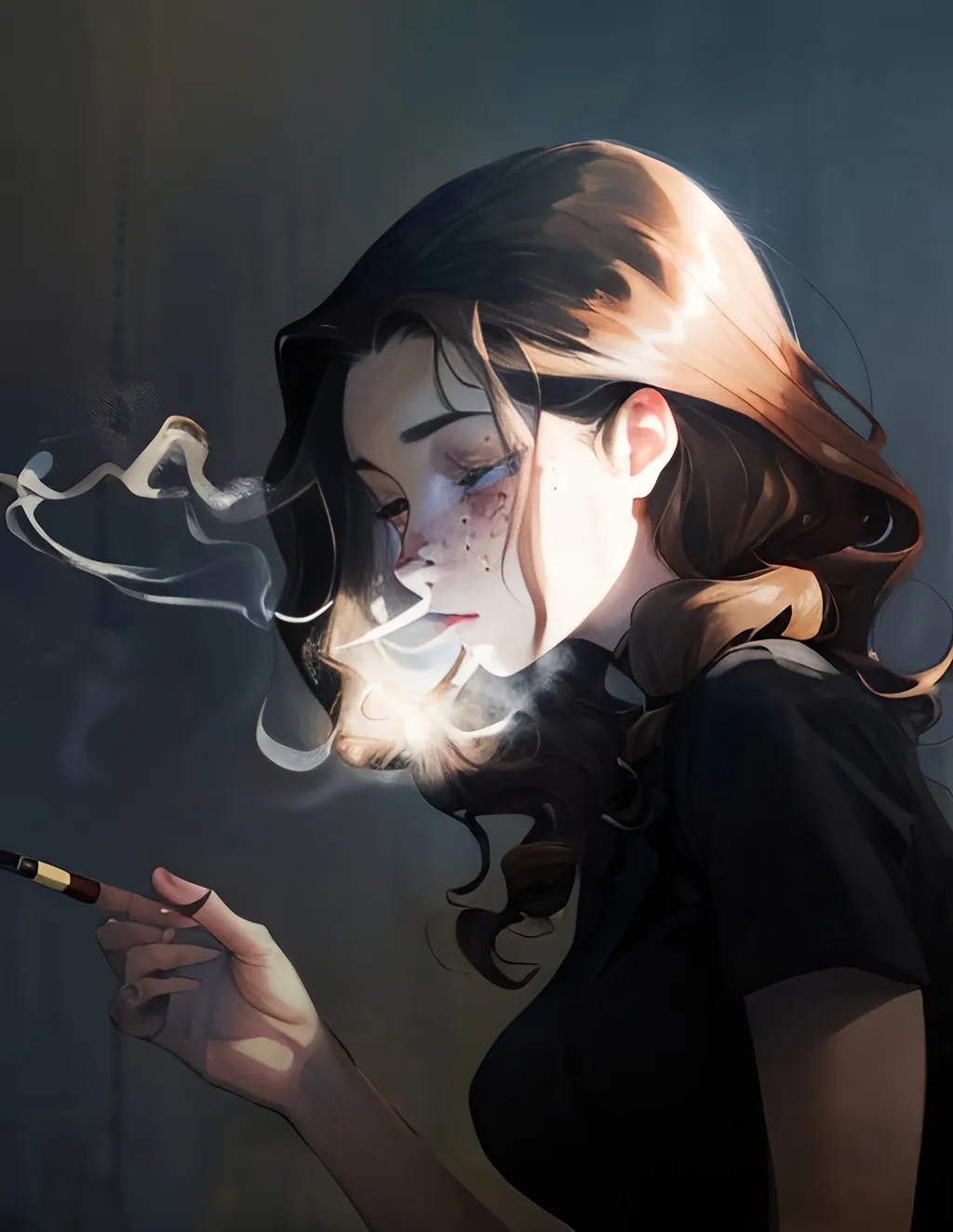 Prompt: A woman smoking, She has long curly brown hair and faint freckles