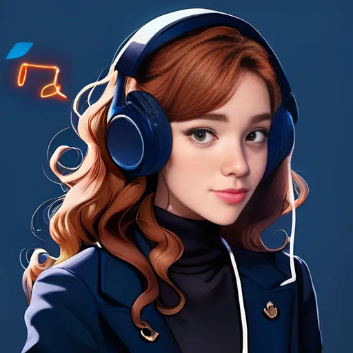 Prompt: A girl with long brown curly hair, freckles, brown eyes. She is wearing a chic, modern black blazer and a navy blue turtleneck underneath. She is wearing gaming headphones. Make the background blue, like the background of the app Discord 