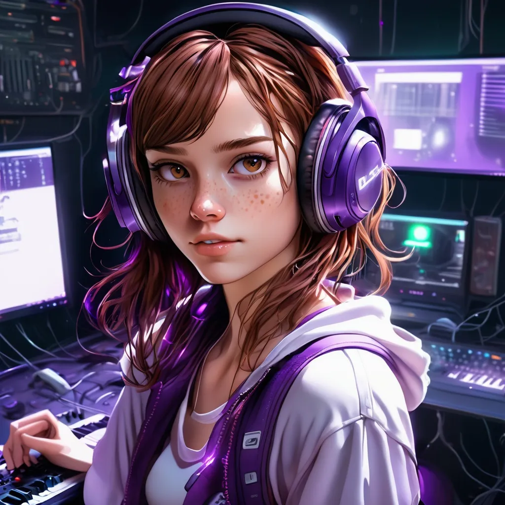Prompt: Futuristic background with electronics and synth purple, with a girl wearing headphones who had brown hair and freckles and is skinny, wearing gamer gear and electronics future anime realistic, nice lighting and shading