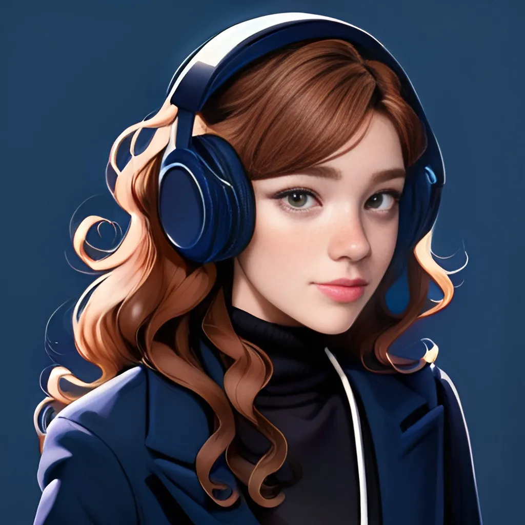 Prompt: A girl with long brown curly hair, faint freckles, brown eyes. She is wearing a chic, modern black blazer and a navy blue turtleneck underneath. She is wearing gaming headphones. Make the background blue, like the background of the app Discord 