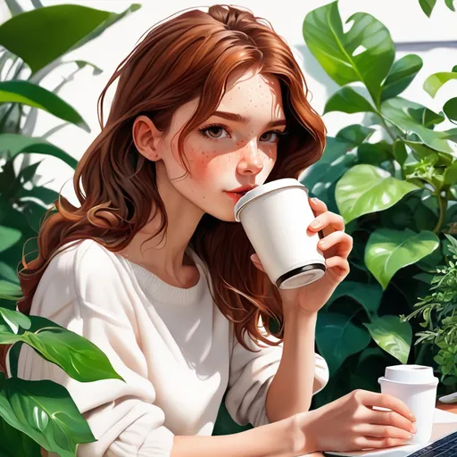 Prompt: profile picture of a girl with brown hair, skinny with freckles drinking coffee surrounded by plants wearing a chic and modern outfit, side profile for Discord Profile Picture