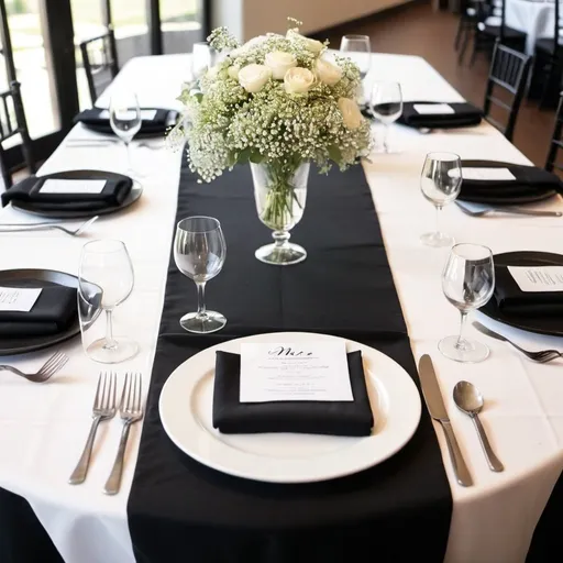 Prompt: round table with white table cloth, black 1ft wide black runner down middle, babies breath centerpiece, black plate with white square napkin, with black menu tucked in