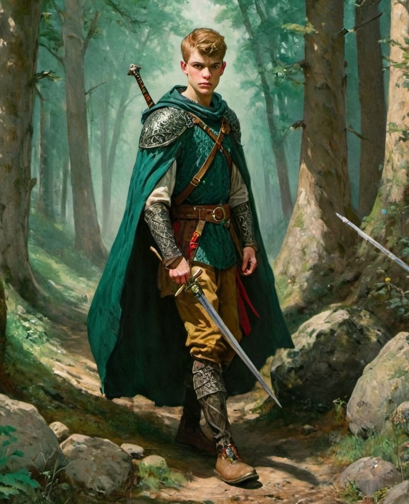 Prompt: 18 year old medieval hunter, close fade haircut, walking through a forest, carrying a sword with an emerald gem in the blade