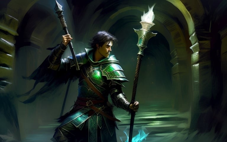 Prompt: male warrior carrying a flaming torch in left hand, wielding a sword with an emerald gem in the hilt in his right hand, walking through a dark dungeon tunnel, has light brown Viking style hair, wearing a cloak and light armour,