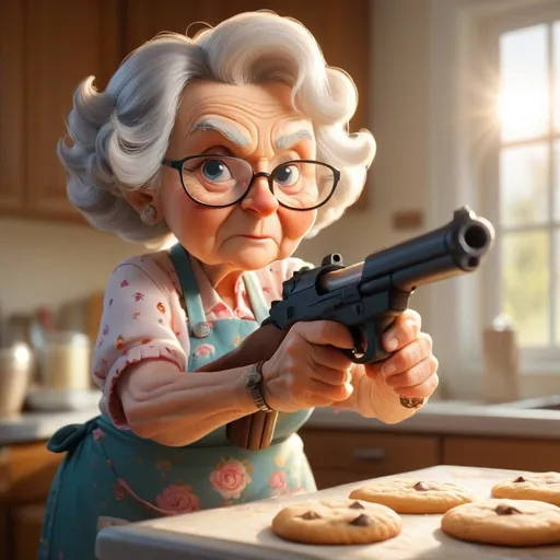 Prompt: Cute Grandma holding a gun baking cookies with sun shining on her from the back 