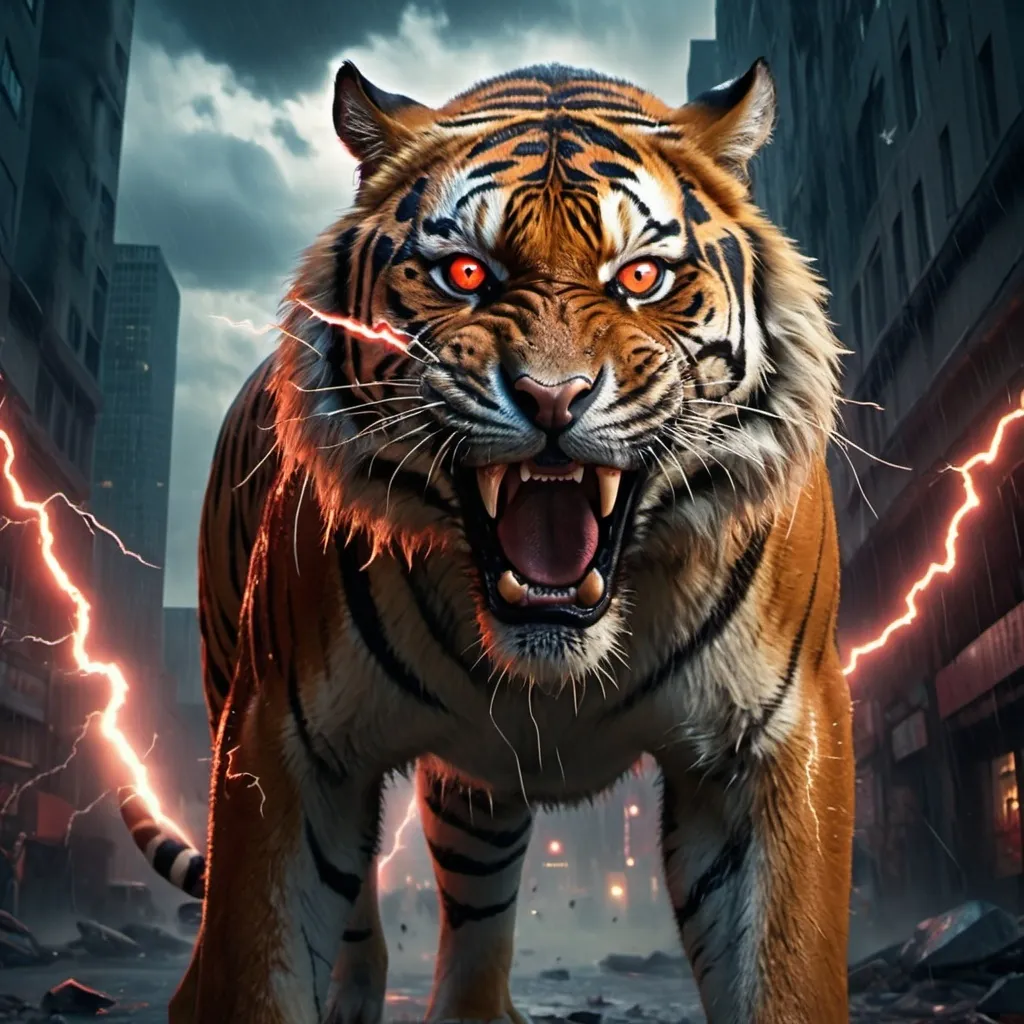 Prompt: make a  tiger with a engry face and red eyes full body and make it bigger add thunder baground city area add many people scared of it add some rendom people on this who scared this tiger 

