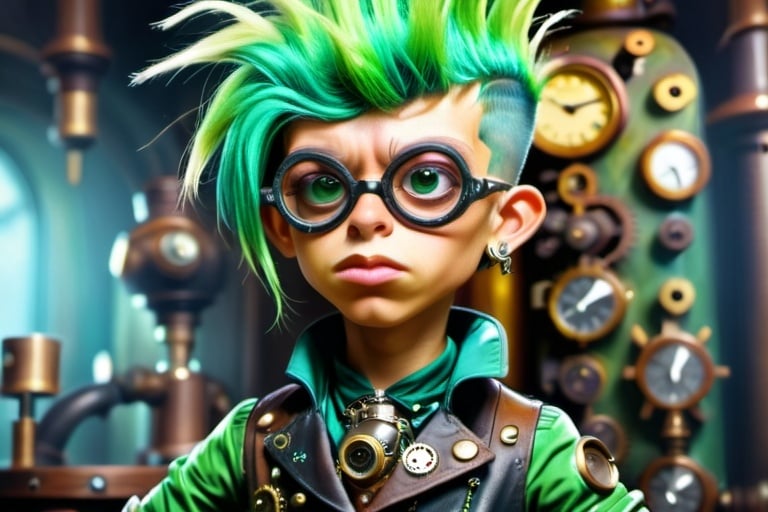 Prompt: A green haired punk boy with steampunk dress. Depth of field. Digital or oil painting