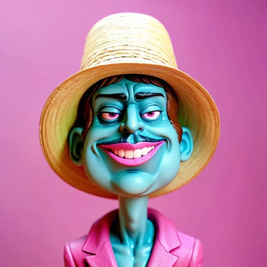 Prompt: A man in a straw hat with pink creative background. Depth of field