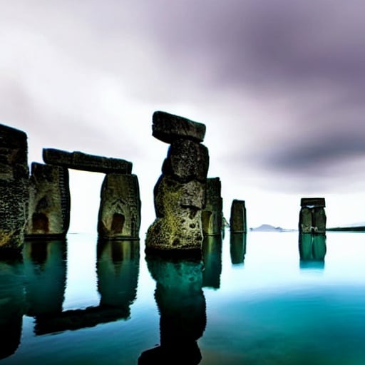 Prompt: Stonehenge with floating stonehenges on a pristine lake, Greek gods' faces carved into the stones, ancient and mystical atmosphere, high quality, detailed carving, ethereal lighting, realistic rendering, mythological, serene setting, ancient stones, pristine water, tranquil, mythical, detailed reflections, atmospheric lighting, surreal, serene lake, divine presence, majestic, natural beauty, photo realistic