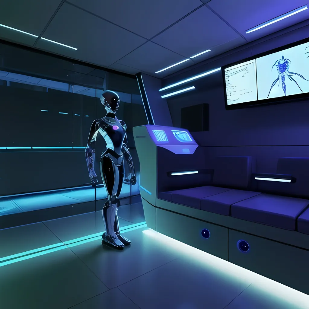 Prompt: Robots treating a human, (futuristic-futuristic style), advanced technology, sleek robots with metallic finish, stark contrast between humans and machines, glowing neon blue and purple accents, cutting-edge medical equipment, high-tech healing environment, ultra-modern hospital room, ambient cyberpunk lighting, sterile atmosphere, ultra-detailed, 4K, cinematic masterpiece, high contrast colors, tense and hopeful mood, minimalistic background with advanced medical tecnology and holograms.