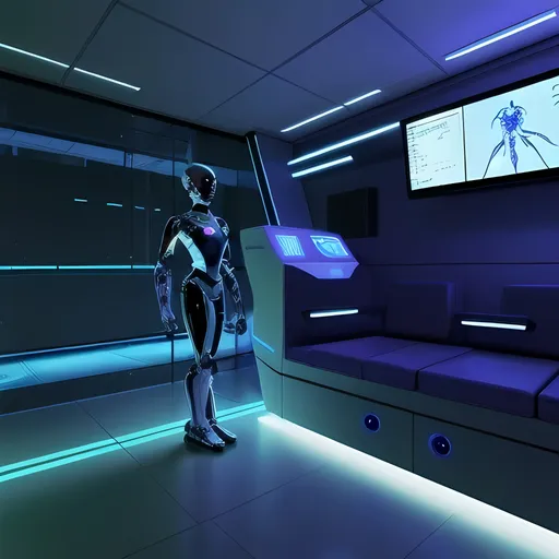 Prompt: Robots treating a human, (futuristic-futuristic style), advanced technology, sleek robots with metallic finish, stark contrast between humans and machines, glowing neon blue and purple accents, cutting-edge medical equipment, high-tech healing environment, ultra-modern hospital room, ambient cyberpunk lighting, sterile atmosphere, ultra-detailed, 4K, cinematic masterpiece, high contrast colors, tense and hopeful mood, minimalistic background with advanced medical tecnology and holograms.