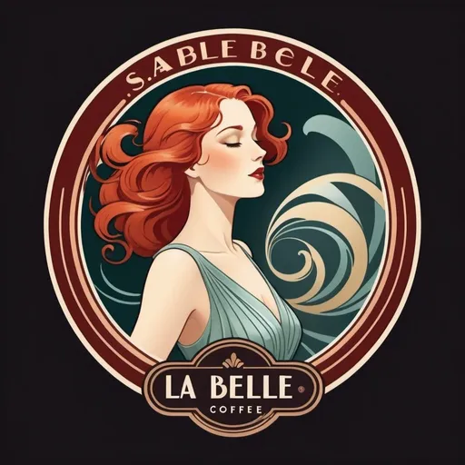 Prompt: art deco logo - Savor the taste of elegance at La Belle Coffee Shop! - with red haired girl flowing in the wind, from back looking for the sky - in art nouveau style - colors: #95C7A8, #C7B495, #B195C7 - 