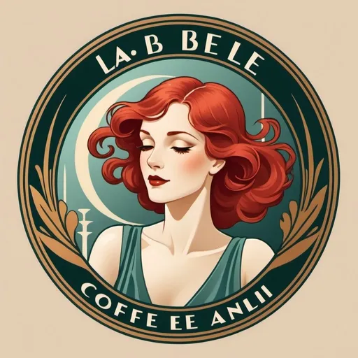 Prompt: art deco logo - Savor the taste of elegance at La Belle Coffee Shop! - with red haired girl flowing in the wind - in art nouveau style - colors: #95C7A8, #C7B495, #B195C7