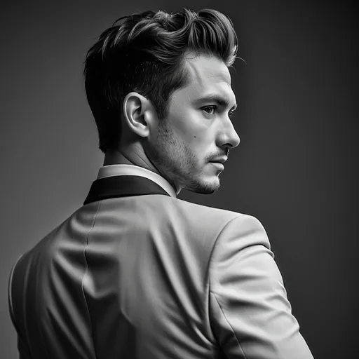 Prompt: RAW photo, (high detailed skin:1.2), 8k uhd, dslr, soft lighting, high quality, film grain, Fujifilm XT3,
photorealistic image, man professional model portrait, in a suit, professional photograph from the back looking over the shoulder to the camera,
black and white picture, no background