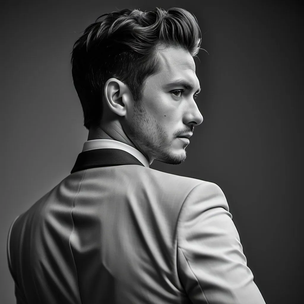 Prompt: RAW photo, (high detailed skin:1.2), 8k uhd, dslr, soft lighting, high quality, film grain, Fujifilm XT3,
photorealistic image, man professional model portrait, in a suit, professional photograph from the back looking over the shoulder to the camera,
black and white picture, no background