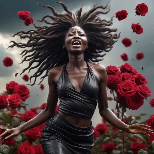 Prompt: RAW photo, (high detailed skin:1.2), 8k uhd, dslr, soft lighting, high quality, film grain, Fujifilm XT3, photorealistic image, Powerful screaming gorgeous african very black lady South Sudanese, in a flying heroic pose, full hair made of roses in a form of a tornado from top of the image to the head of the gorgeous lady. Dressed with leather sectioned futuristic x-men clothes, with white hair flowing. With gold necklace like african girafe woman.