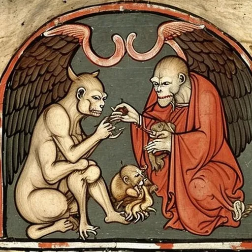 Prompt: God cat with angel wings eating devil horned decapitated bloody chimp, 1300 medieval painting style