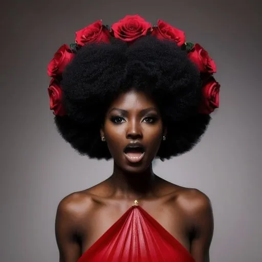 Prompt: Powerful screaming + gorgeous african very black lady South Sudanese + heroic pose + using red party bag + hair made of roses in a form of inverted pyramid from top of the image to the head of the gorgeous lady. 