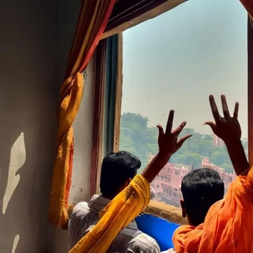 Prompt: Indian crowd waving from a window