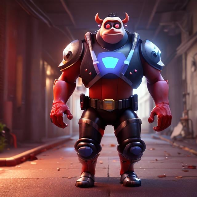 Prompt: Hyper-real, Pixar render, unreal engine 5.2, perfect style policeman character strong, with red eyes