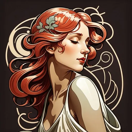 Prompt: art deco logo - Savor the taste of elegance at La Belle Coffee Shop! - with red haired girl flowing in the wind, from back looking for the sky - in art nouveau style - colors: #95C7A8, #C7B495, #B195C7 - girl inside branded logo