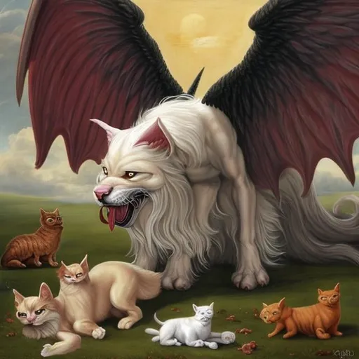 Prompt: God dog with angel wings, eating devil horned cat,