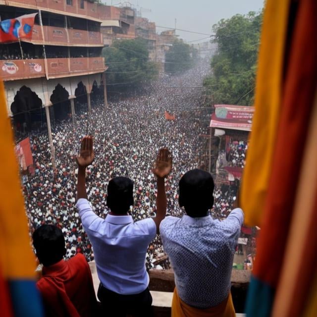 Prompt: Indian crowd waving from a window