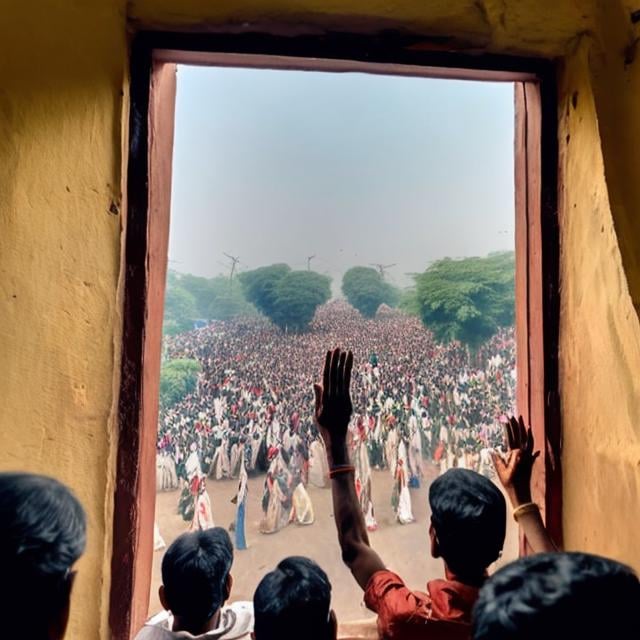 Prompt: Indian crowd waving from a window