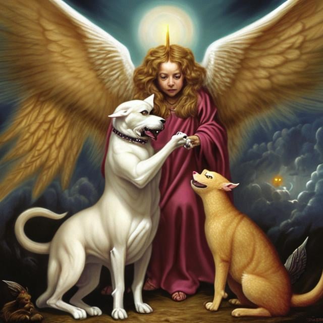 Prompt: God dog with angel wings eating devil horned cat
