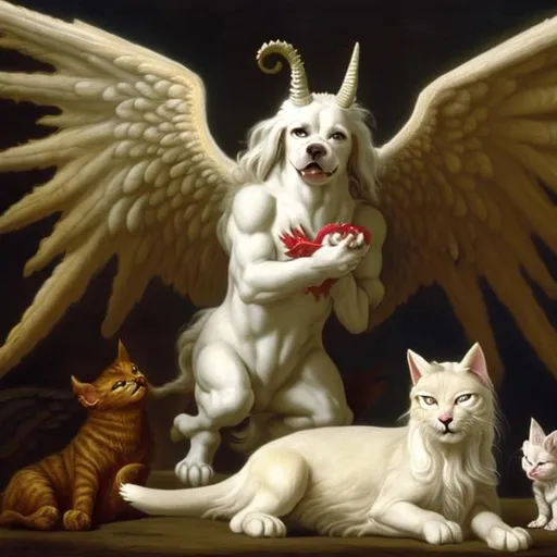 Prompt: God dog with angel wings, eating devil horned cat,