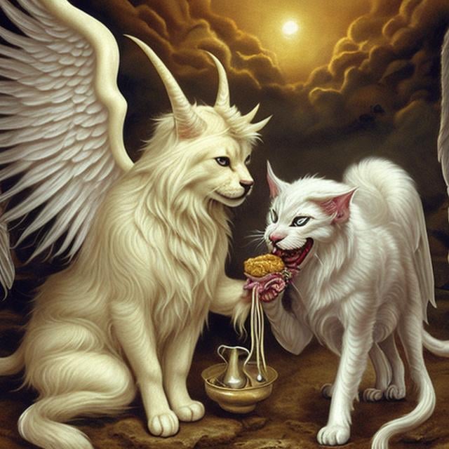 Prompt: God dog with angel wings eating devil horned cat