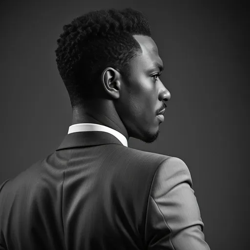 Prompt: RAW photo, (high detailed skin:1.2), 8k uhd, dslr, soft lighting, high quality, film grain, Fujifilm XT3,
photorealistic image, black man professional model portrait, in a black suit, professional photograph from the back looking over the shoulder to the camera,
black and white picture, no background