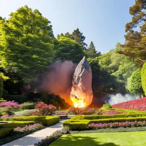 Prompt: meteor crashing in a garden full of trees in a clear sunny sky