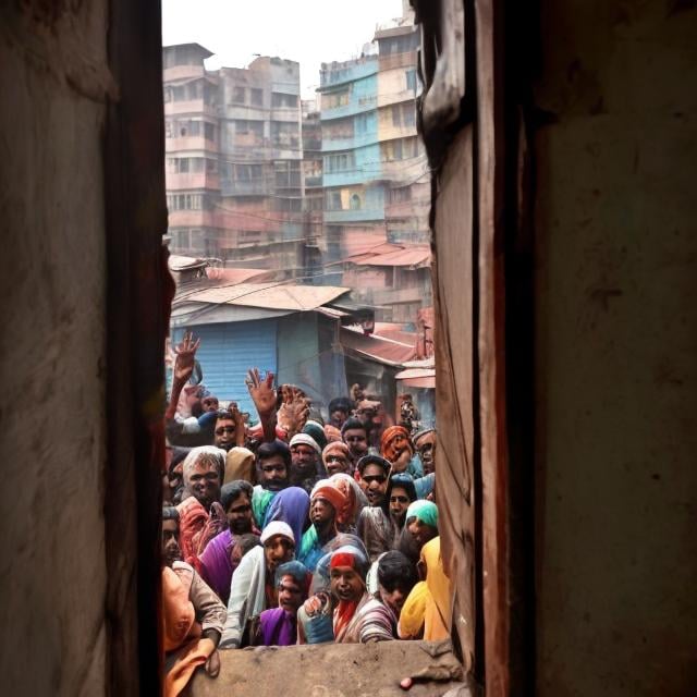 Prompt: Indians living in crowded quarters waving from a window