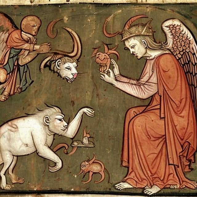 Prompt: God cat with angel wings eating devil horned decapitated bloody chimp, 1300 medieval painting style