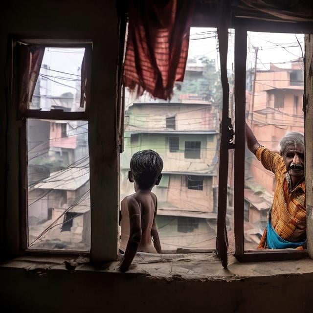 Prompt: Indians living in crowded quarters waving from a window