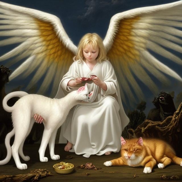 Prompt: God dog with angel wings eating devil horned cat