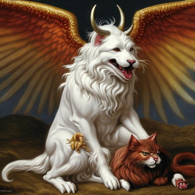 Prompt: God dog with angel wings, eating devil horned cat,