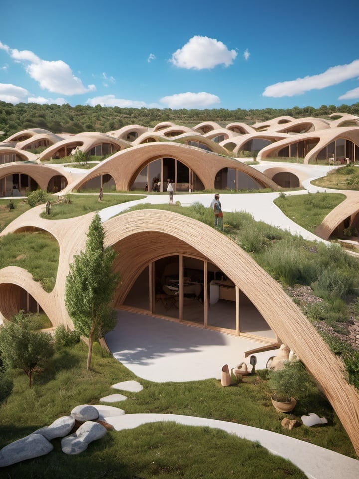 Prompt: Community EcoVillage Project, organic architecture, X-architecture style, Moura Portugal location