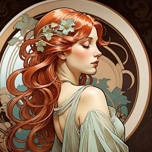 Prompt: Savor the taste of elegance at La Belle Coffee Shop! - with red haired girl flowing in the wind, from back, looking for the sky, in art nouveau style - colors: #95C7A8, #C7B495, #B195C7 - girl inside branded logo - in art nouveau style