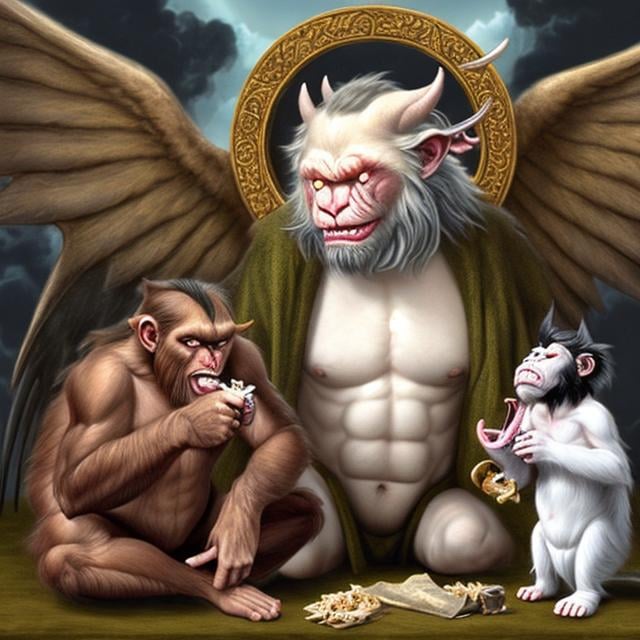 Prompt: God cat with angel wings eating devil horned chimp