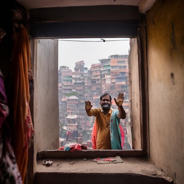 Prompt: Indians living in crowded quarters waving from a window