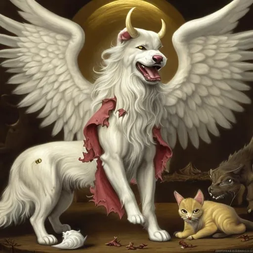 Prompt: God dog with angel wings, eating devil horned cat,