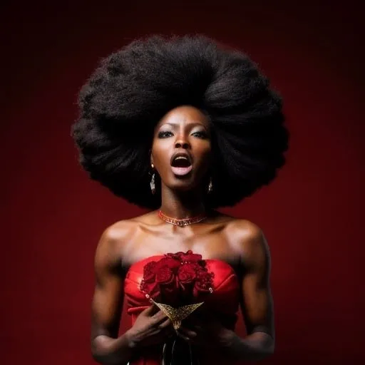 Prompt: Powerful screaming + gorgeous african black lady South Sudanese + heroic pose + using red party bag + hair made of roses in a form of inverted pyramid from top of the image to the head of the gorgeous lady. 