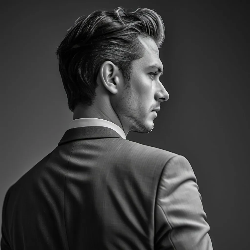 Prompt: RAW photo, (high detailed skin:1.2), 8k uhd, dslr, soft lighting, high quality, film grain, Fujifilm XT3,
photorealistic image, man professional model portrait, in a suit, professional photograph from the back looking over the shoulder,
black and white picture, no background