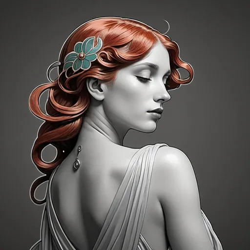 Prompt: art deco logo - Savor the taste of elegance at La Belle Coffee Shop! - with red haired girl flowing in the wind, from back looking for the sky - in art nouveau style - colors: #95C7A8, #C7B495, #B195C7 - girl inside branded logo
