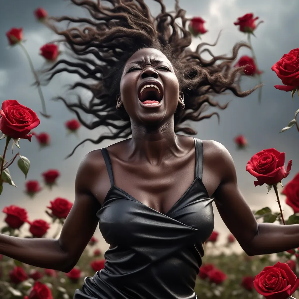 Prompt: RAW photo, (high detailed skin:1.2), 8k uhd, dslr, soft lighting, high quality, film grain, Fujifilm XT3, photorealistic image, Powerful screaming gorgeous african very black lady South Sudanese, in a flying heroic pose, full hair made of roses in a form of a tornado from top of the image to the head of the gorgeous lady. Dressed with leather sectioned futuristic x-men clothes, with white hair flowing. With gold necklace like african girafe woman.